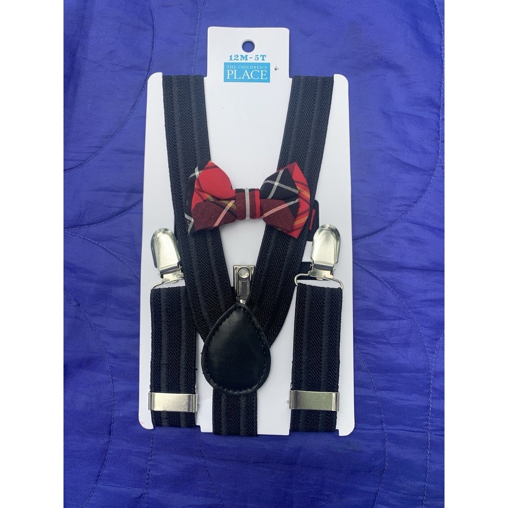 NWT The Children's Place Boys 12M - 5T black and Red. Bow Tie And Suspenders Set